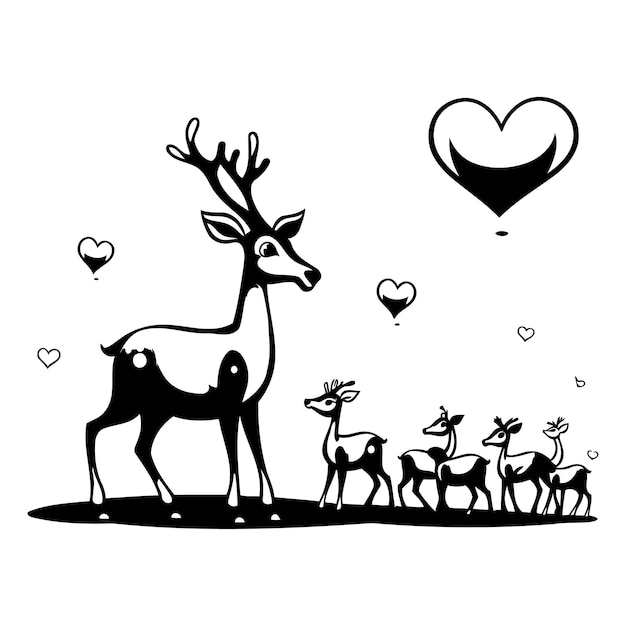Black and white illustration of a family of deers and hearts
