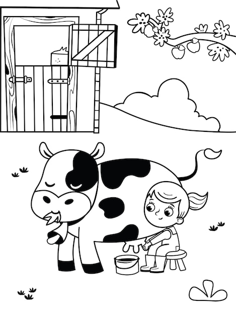 Black and white illustration of a farm girl coloring page for kids