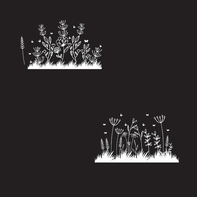 Vector a black and white illustration of a field of flowers.