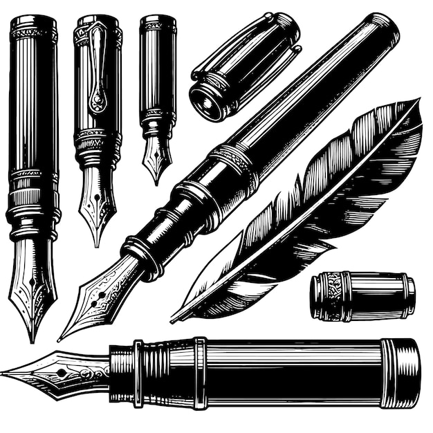 Black and white illustration of a fountain pen