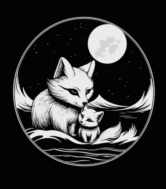 black and white illustration of a fox and baby fox at night