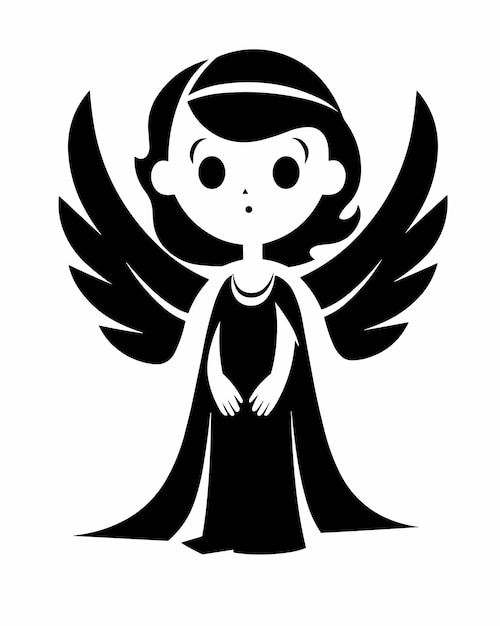 Black and white illustration of a girl with angel wings