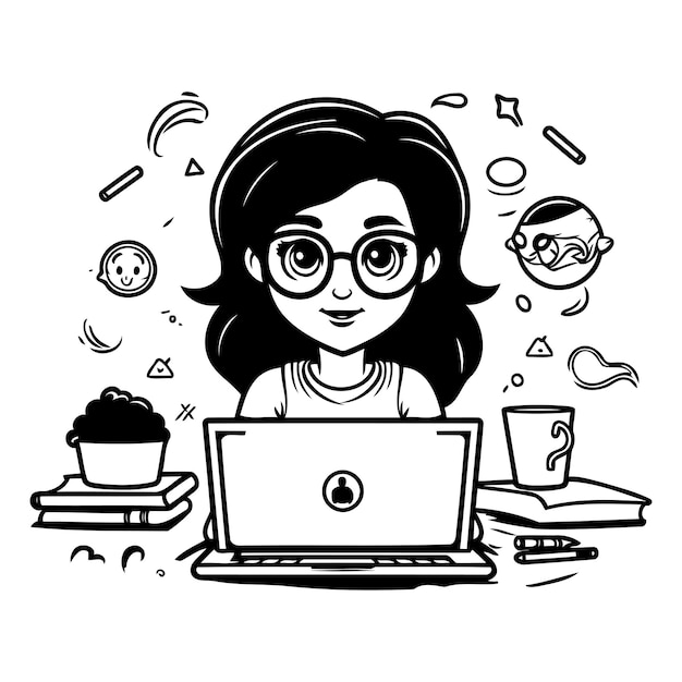 Black and white illustration of a girl with glasses working on a laptop