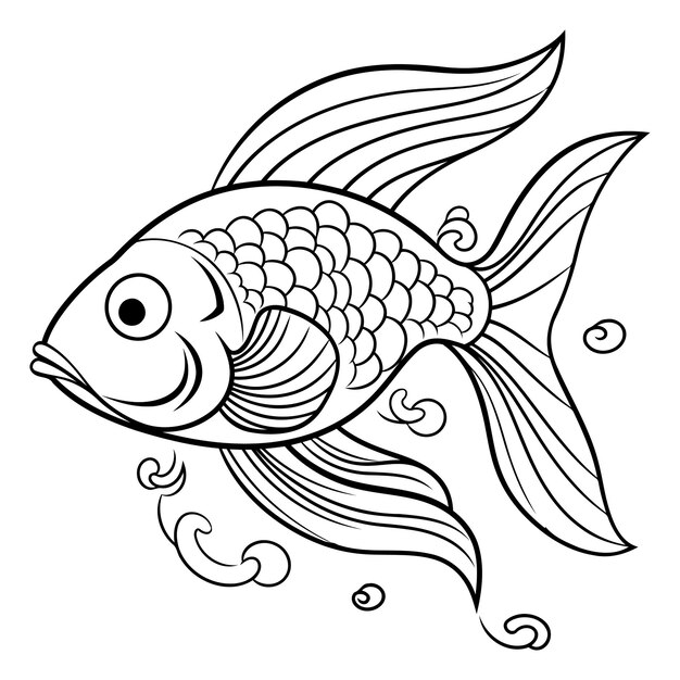 Black and white illustration of a goldfish coloring book for adults