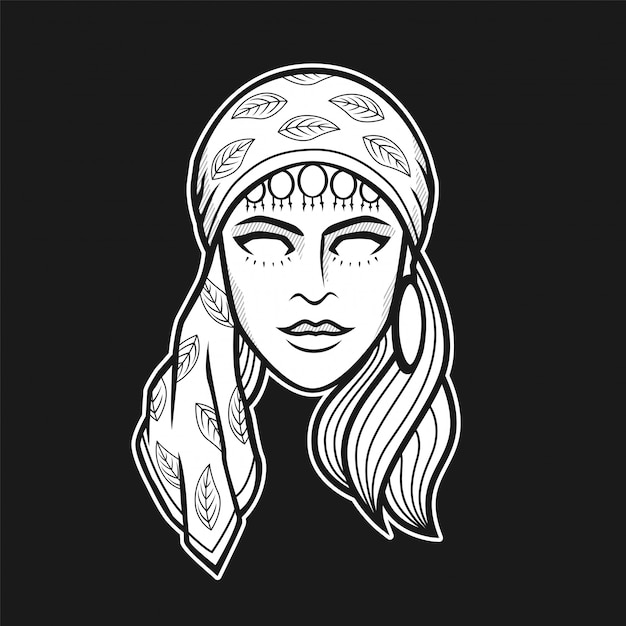 Vector black and white  illustration gypsy woman head
