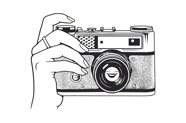 black and white illustration of a hand holding a vintage camera