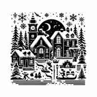 Vector a black and white illustration of a house with a snowman on the top