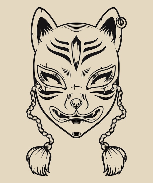Black and white illustration of a japanese fox mask on a white background. kitsune mask.