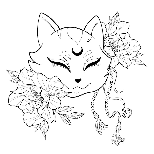 Black and white illustration of a japanese fox mask with flowers on a white background kitsune mask