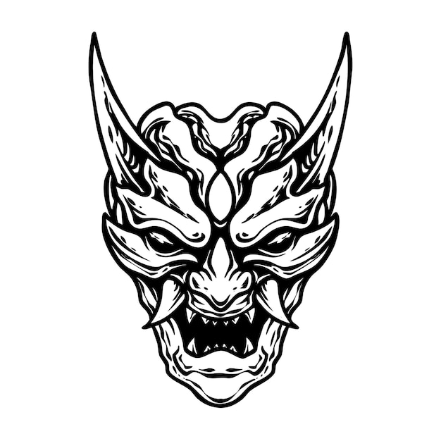 Vector a black and white illustration of a japanese mask.