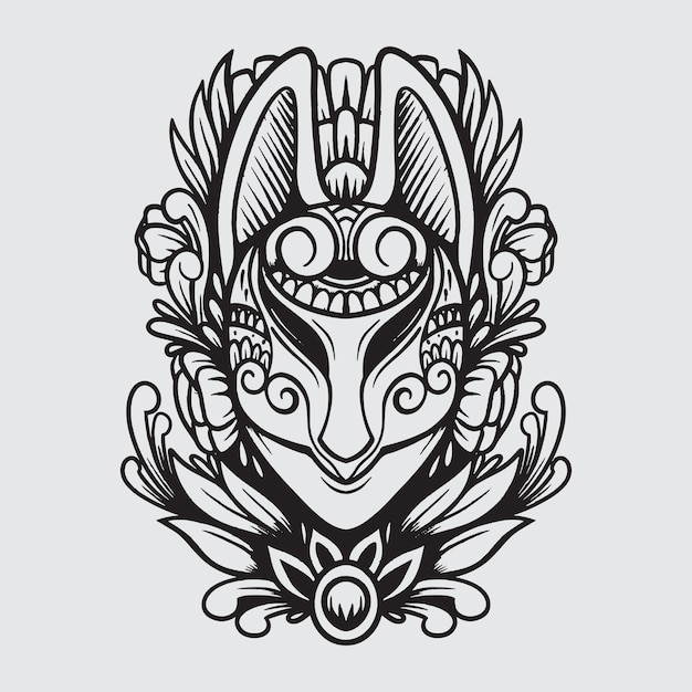 black and white illustration of kitsune mask ornamental