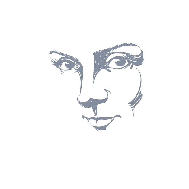 Черно-белая иллюстрация женского лица, тонкие черты лица. Глаза и губы нежной романтической женщины, выражающие положительные эмоции.