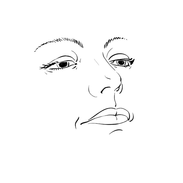 Vector black and white illustration of lady face, delicate visage features. eyes and lips of a sorrowful woman, emotional expression.