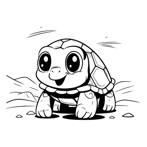 Black and white illustration of a little turtle Cartoon character for coloring book