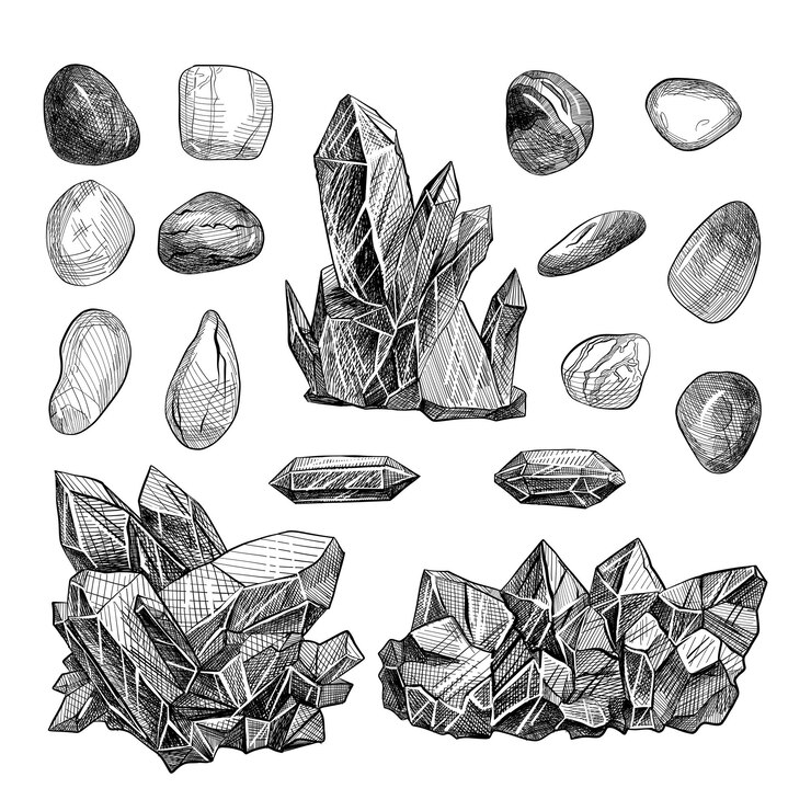 Vector black and white illustration magic crystals divination stones minerals ore drawn with liner or pencil