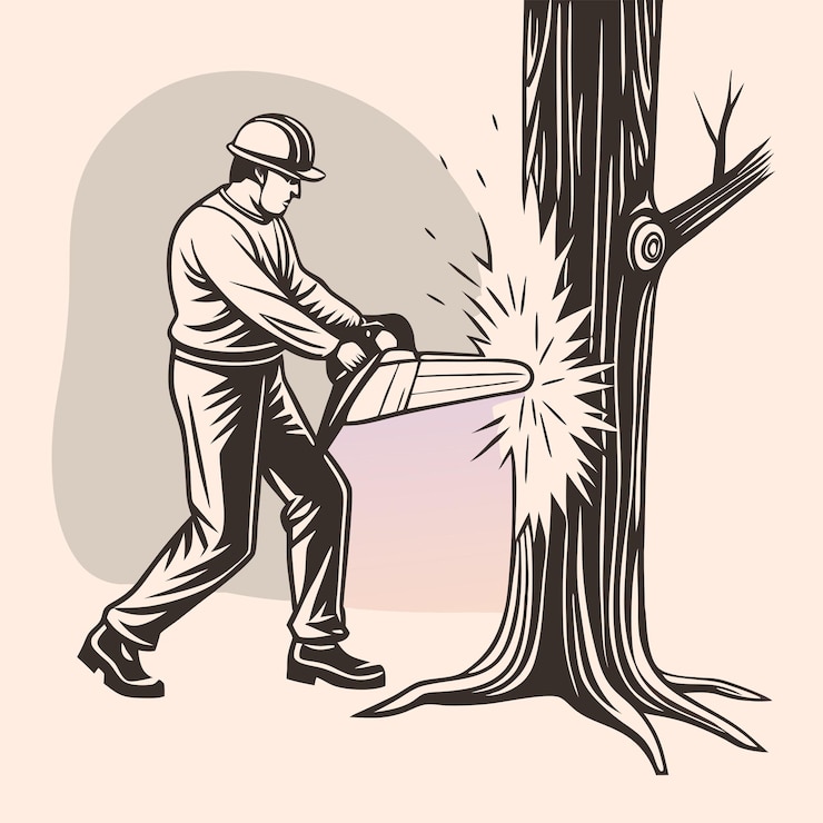 Vector a black and white illustration of a man using a chainsaw to cut down a tree