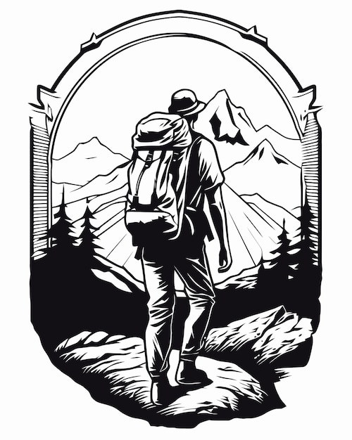 A black and white illustration of a man walking in front of a mountain.