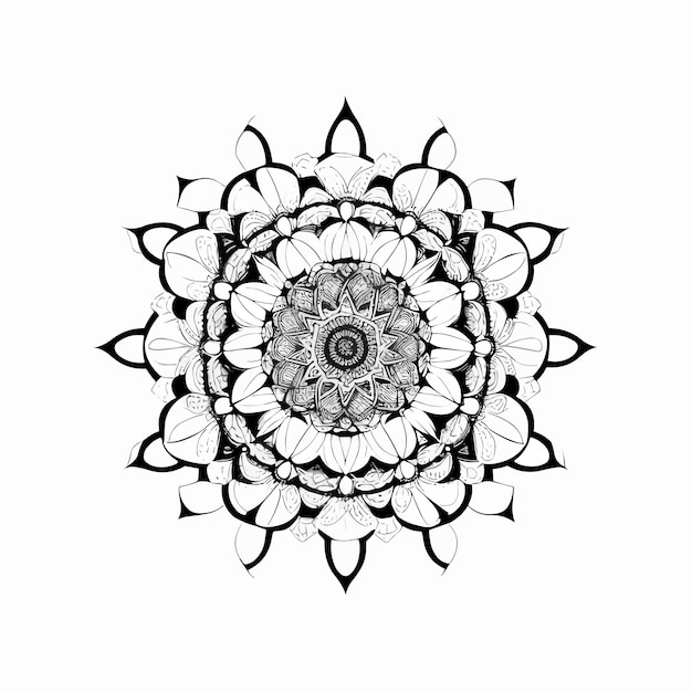 Un'illustrazione in bianco e nero di un mandala con un fiore al centro.