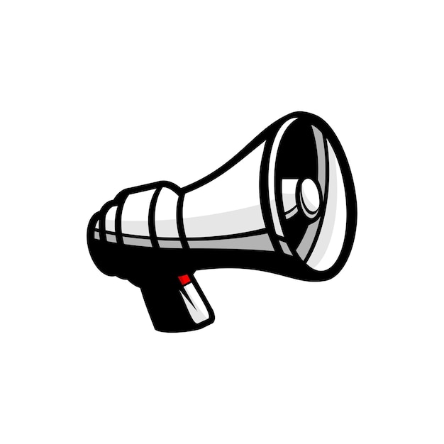 A black and white illustration of a megaphone with a red button.