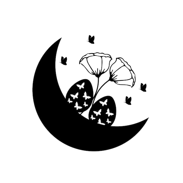 A black and white illustration of a moon with flowers and butterflies.