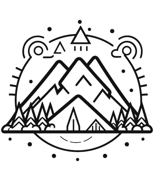 Vector a black and white illustration of a mountain and a triangle with a sun and clouds.