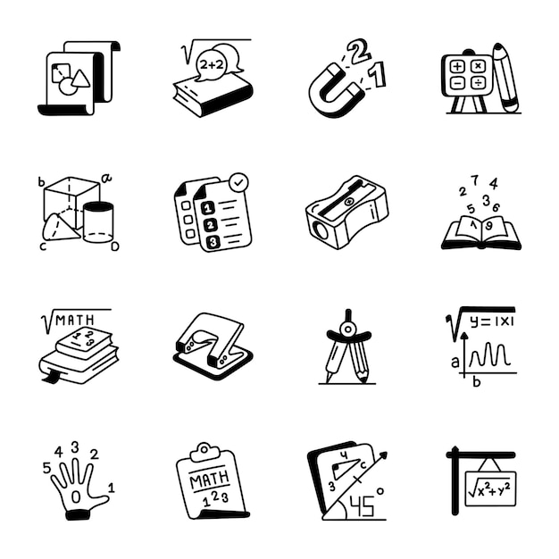 A black and white illustration of a number of math icons