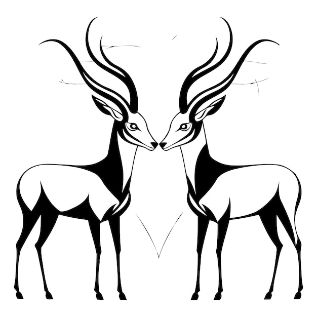 Black and white illustration of a pair of impala antelopes