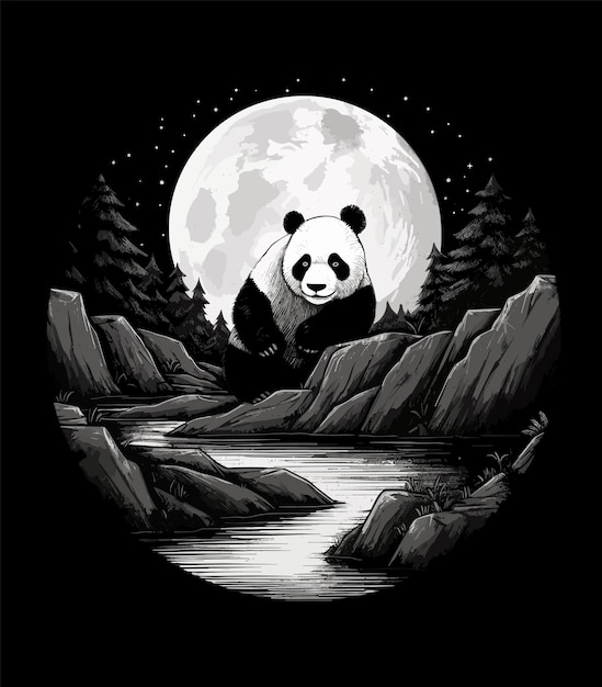 black and white illustration of a panda at night