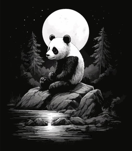 black and white illustration of a panda at night