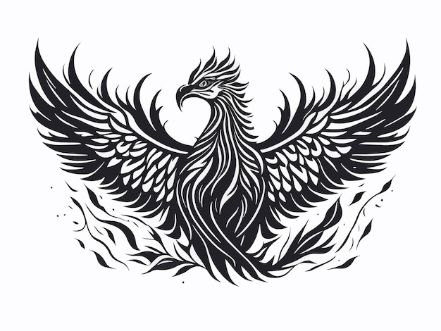 A black and white illustration of a phoenix with wings spread.