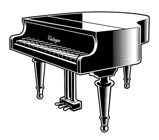 Illustrazione in bianco e nero del pianoforte su sfondo bianco.