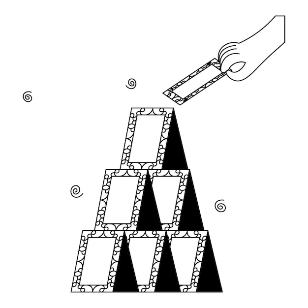 Black and White Illustration Of Pyramid Made By Card Or Frame On White Background