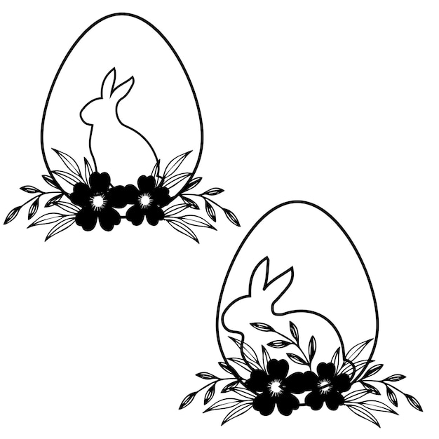 A black and white illustration of a rabbit and a bunny are in a nest.