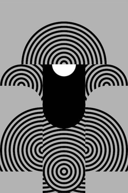 black and white illustration of robot face with circular geometric pattern vector