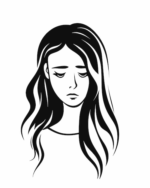 A black and white illustration of a sad girl.