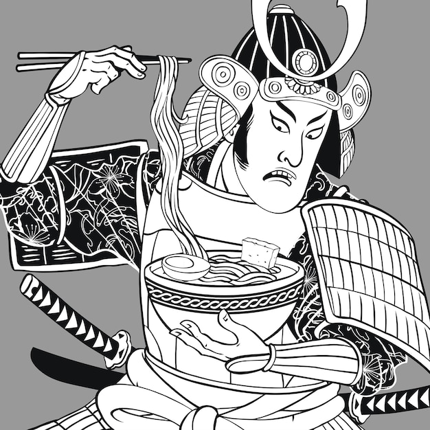 浮世絵風にラーメンを食べる武士の白黒イラスト