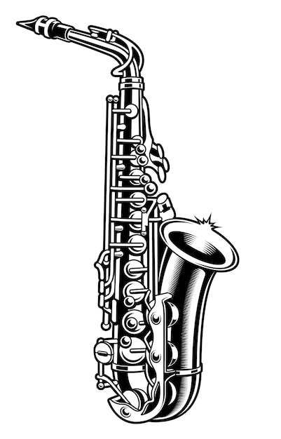 Illustrazione in bianco e nero del sassofono su sfondo bianco.