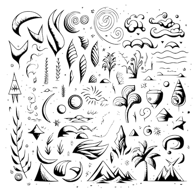 Vector a black and white illustration of a set of different types of plants and trees.