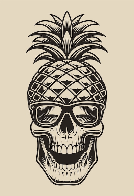 Illustrazione in bianco e nero di un teschio a forma di ananas. questo elemento è perfetto per le stampe delle camicie e anche per molti altri usi.