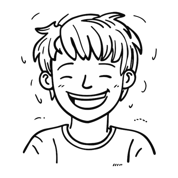 Black and white illustration of a smiling boy hand drawn vector illustration