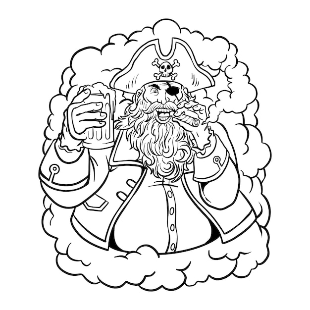 black and white illustration of a smoking pirate