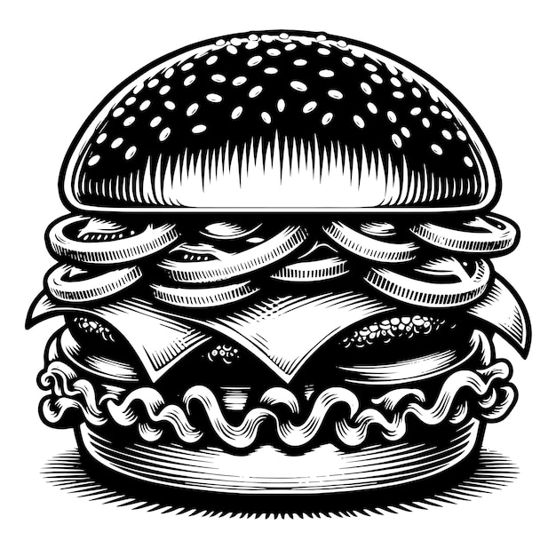 Black and white illustration of a tasty grilled Cheeseburger