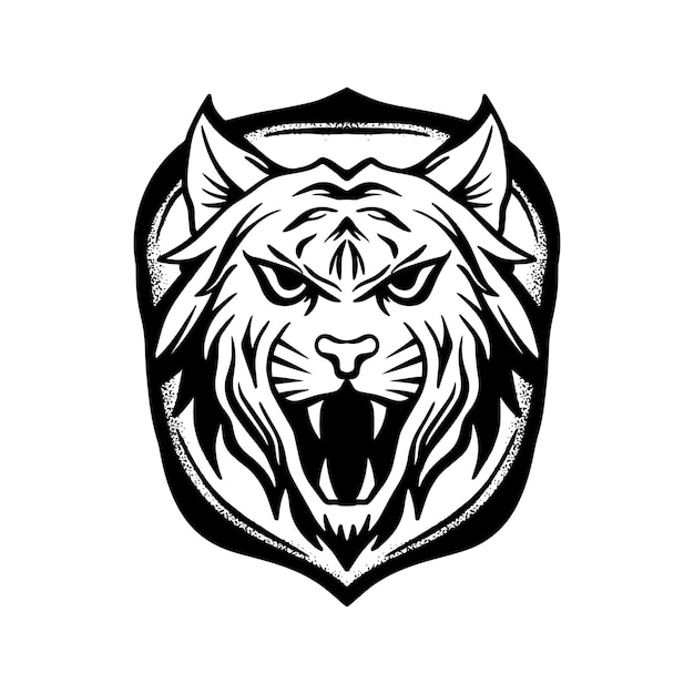 A black and white illustration of a tiger head