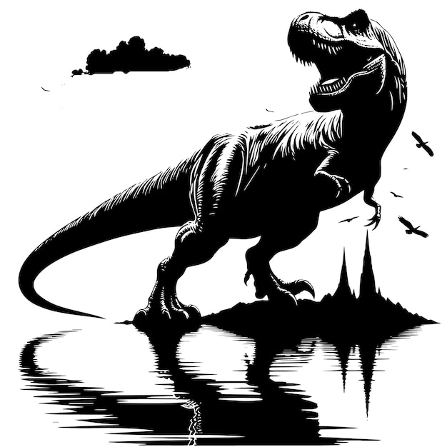 Black and white illustration of a TRex Dinosaur