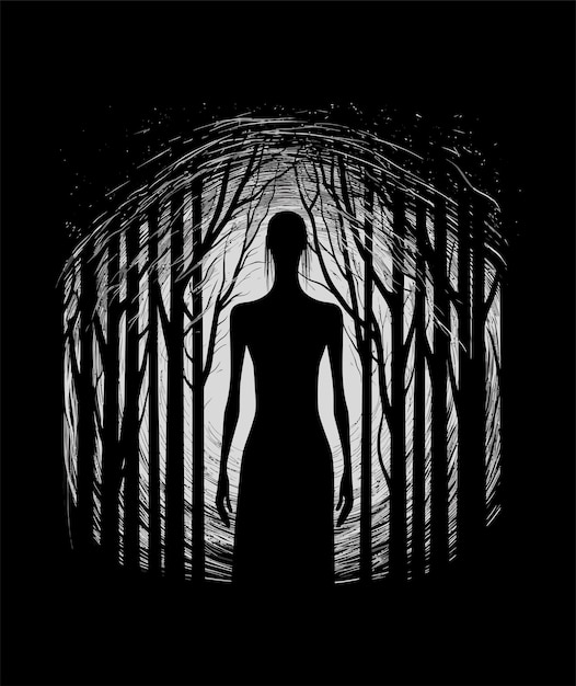 Vector black and white illustration vector woman in the creepy forest halloween design