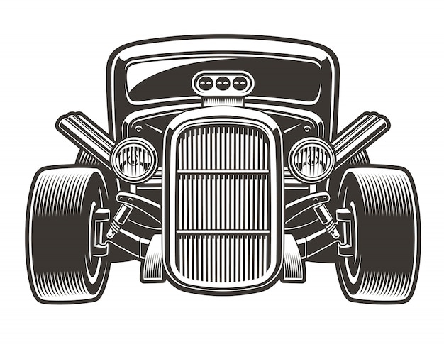 Black-white  illustration of a vintage hot rod. The illustration has a white background, you can change the color, use it as a design element.