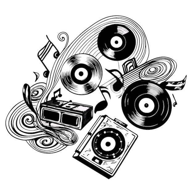 レコードプレーヤーや音楽音符のラジオを含むヴィンテージ音楽機器の黒と白のイラスト