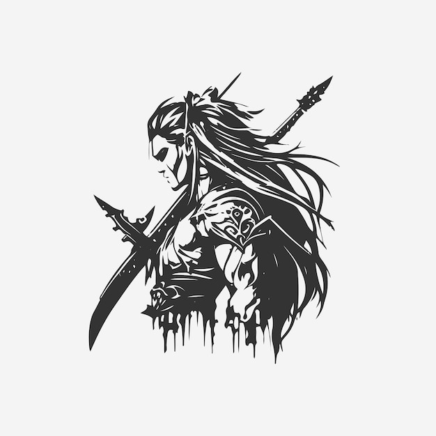 A black and white illustration of a warrior with a sword in his hand vector logo