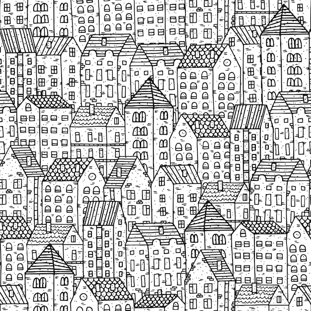 Black and white illustration with hand-drawn old houses.