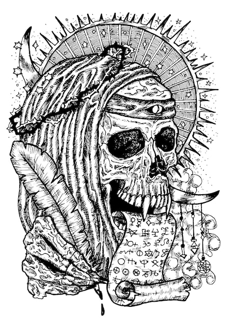 Illustrazione in bianco e nero con un cranio umano che indossa una corona di spine in mantello di monaco